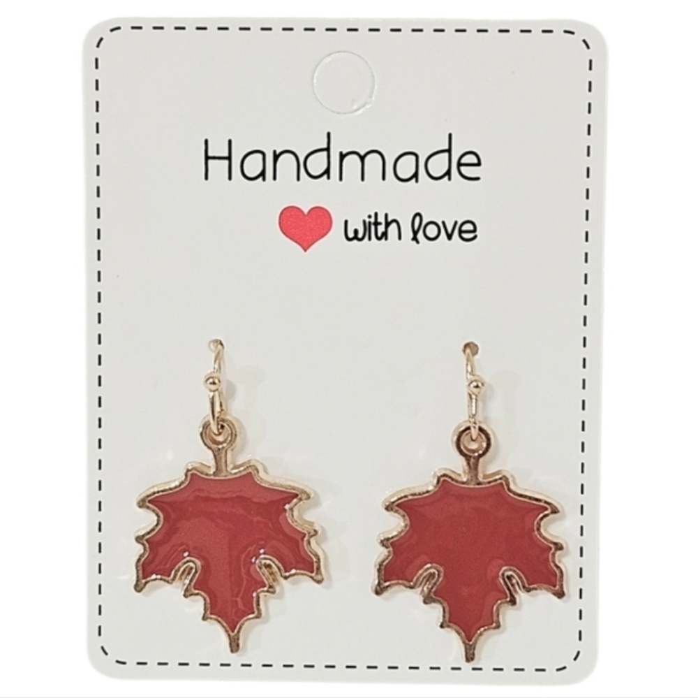 Red Enamel Maple Leaf Dangle Earrings Gold Autumn Thanksgiving Jewelry - Picture 3 of 5